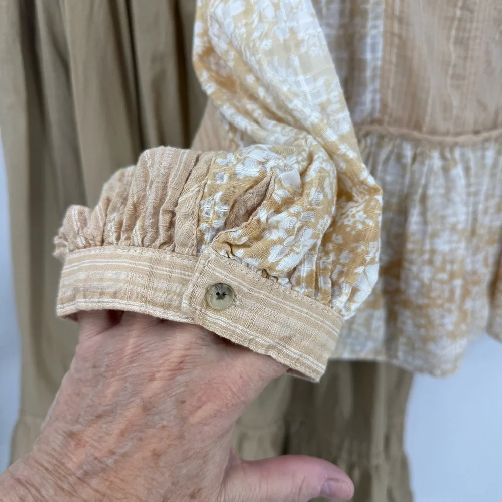 American Eagle cropped BoHo floral print wide sleeve Peblum  Beige Blouse L - Picture 5 of 11
